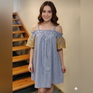 Primark Striped Off-Shoulder Dress with Yellow Embroidered Accents Size 12